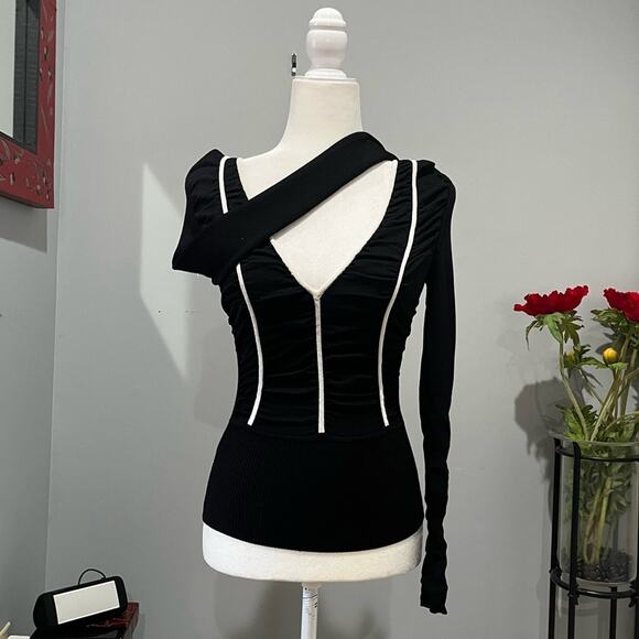 NEW Bebe Ruched Striped Plunge V-Neck Two Tone Fitted Long Sleeve Sweater S NWOT - Picture 3 of 15